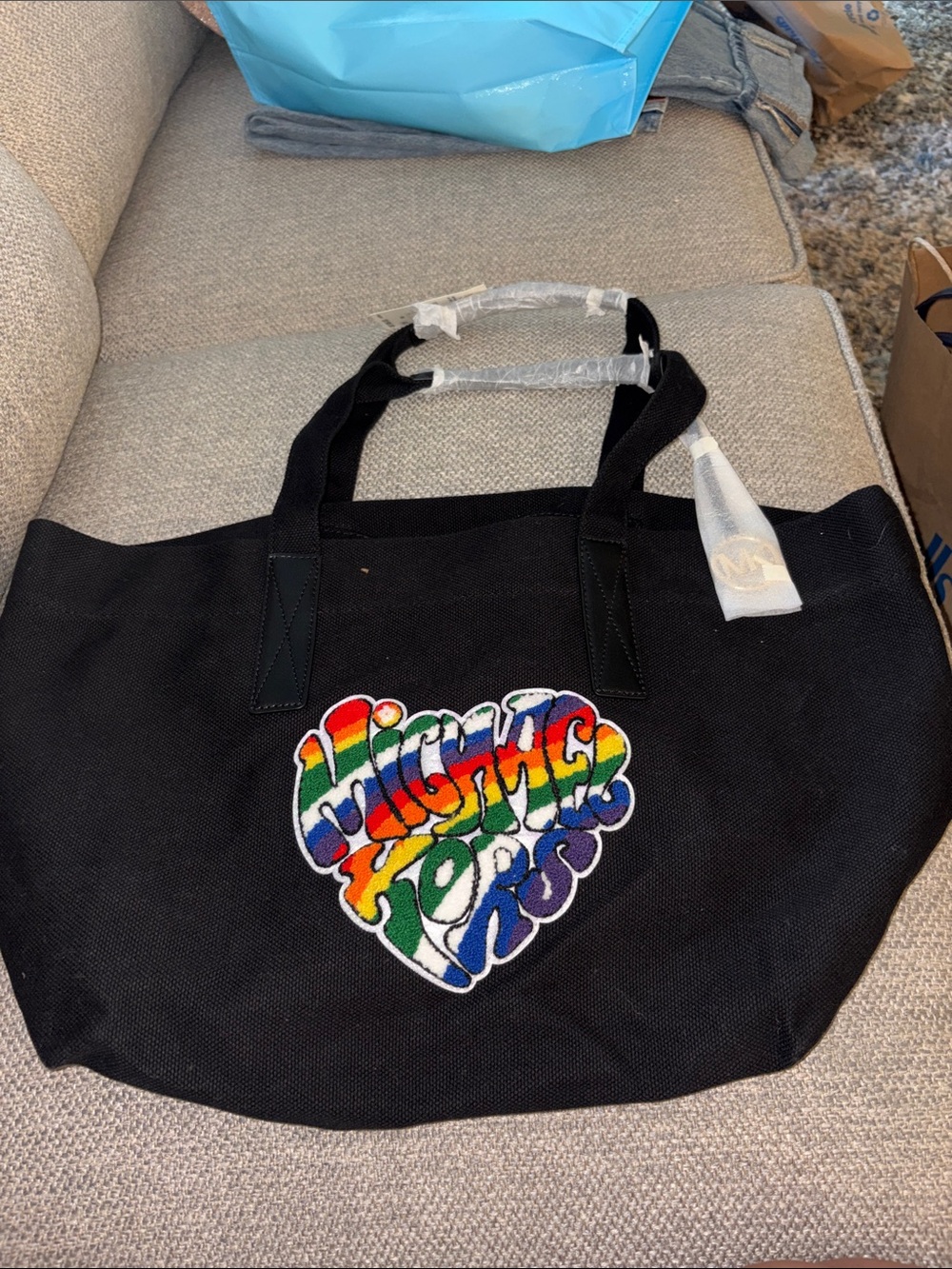 Michael Kors Black Canvas Tote with Rainbow Heart Patch